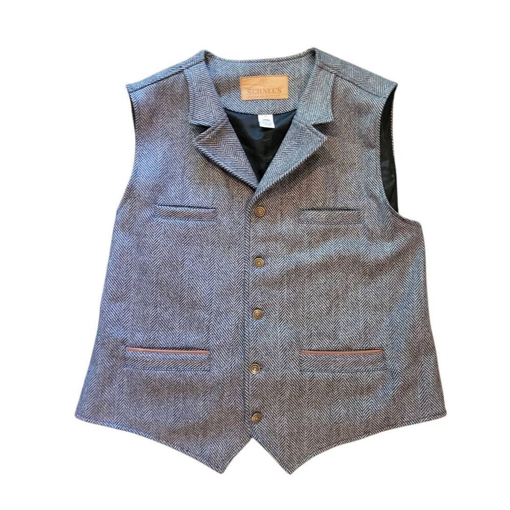 Schnee's Bozeman Montana Vest Men's XL Grey Wool Tweed Herringbone Leather